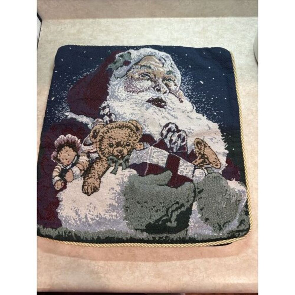 Vintage Christmas Tapestry 15x15 Pillow Cover Sham Santa Teddy‎ Bear Presents